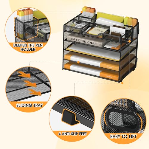 5 Tier Paper Letter Tray Desk Organizer with Pen Holders - Black - color: 5 Tier-Black, size: 12.5" x 9.1" x 10.3"