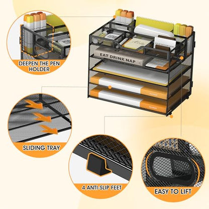 5 Tier Paper Letter Tray Desk Organizer with Pen Holders - Black - color: 5 Tier-Black, size: 12.5" x 9.1" x 10.3"