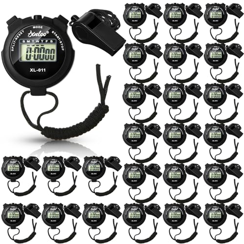 Simgoing 48 Pcs Digital Stopwatch Timer Plastic Whistle Bulk for Sports Coaches Referee Waterproof Watch Timer Whistle with Lanyard Multi Function Electronic Fitness Date Alarm (Black) - color: Black