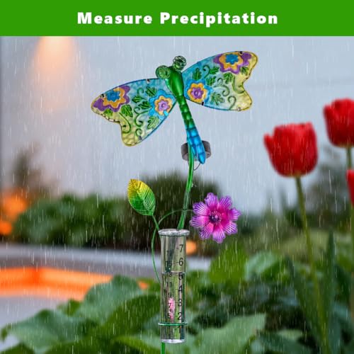 Solar Rain Gauge Outdoor, 7 Inch Tube Dragonfly Rain Gauge