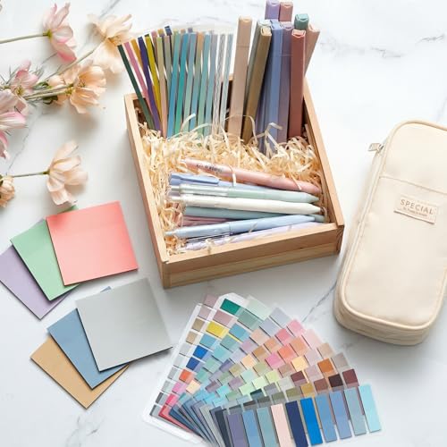 135 Pcs Book Annotation Kit with Pencil Case, 12 Pastel Highlighters, 11 Gel Pens, Fine Marker, 300 Transparent Sticky Notes, 2640 Index Tabs, Bible Study Supplies Kit(Classic,Beige) - color: Beige, style: Classic