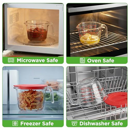 NutriChef 1 Cup Glass Measuring Cup with Lid (8 oz) - Heat-Resistant Borosilicate Liquid Measure Cup with Easy-Read Scale for Cooking, Baking and Food Storage, Dishwasher and Freezer Safe - size: 1 cup with lid