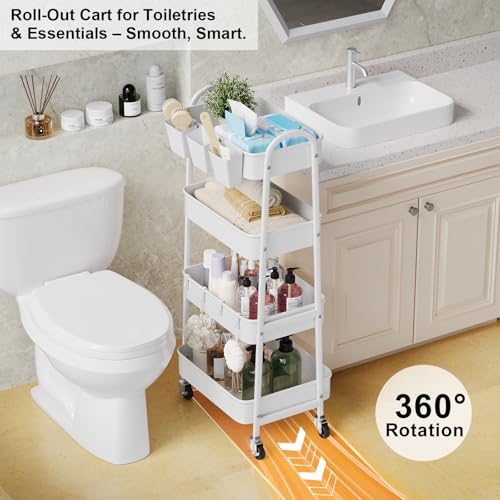 White 4 Tier Rolling Cart Metal with Wheels,Heavy Duty Utility Storage Cart - color: Simple White, size: 4 tier