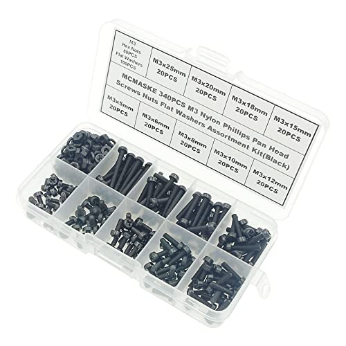 340PCS M3 Black Nylon Phillips Pan Head Screws Nuts Washers Kit - size: M3