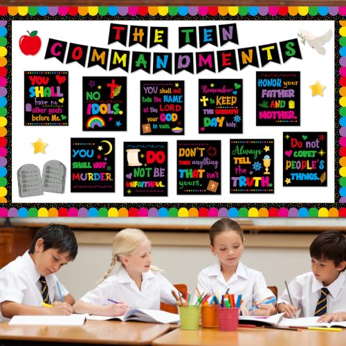 Ten Commandments Bulletin Board Set Christian Bible Verse Classroom Decor Black Base Inspirational Religious Scripture Cutouts for Back to School Party Classroom Home Chalkboard Wall Door Decor - style: Black Base Ten Commandments