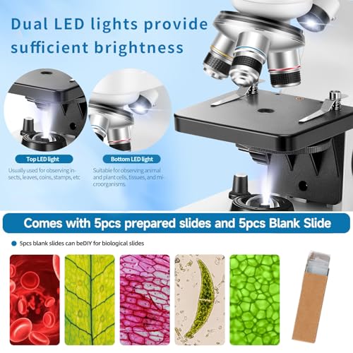 40-2000X HD Optical Microscope for Students, Dual LED Lights, with Specimen Slides (Basic Version+Wireless Eyepiece) - color: Basic Version+Wireless Eyepiece