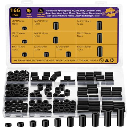 166Pcs M6 Black Nylon Spacers Kit, 3-20mm for M6 Screws Bolts - size: 166PCS M6*(3-20mm)