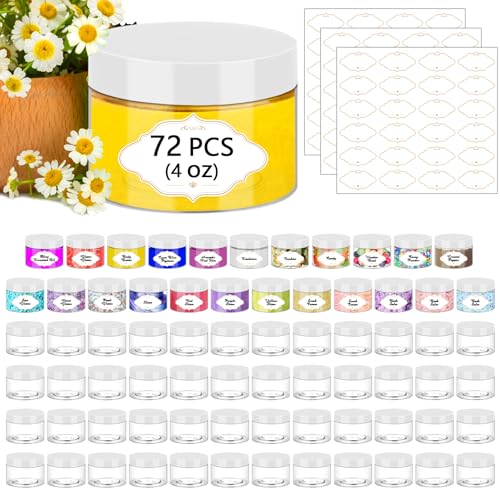PeacePeo 4 OZ Plastic Jars with Lids, 72 Pcs Clear Storage Containers