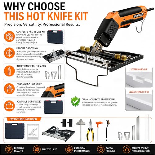 【New Model】 Foam Cutter Electric Hot Knife, Foam Cutting Tool Kit,Air Cooled 200W Styrofoam Cutting Tool Kit for Cutting Foam Board Insulation, EPP, EPS, XPS, EVA - color: C-orange Hot Knife Set (7 Blades)