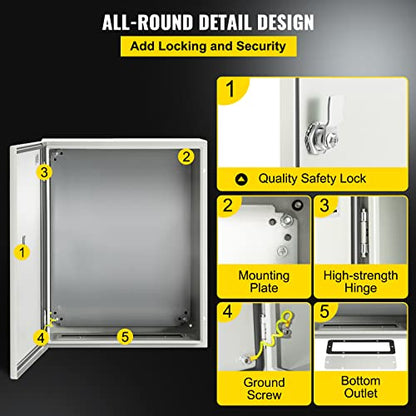VEVOR NEMA Steel Enclosure, 20 x 16 x 8'' NEMA 4X Steel Electrical Box, IP66 Waterproof & Dustproof, Outdoor/Indoor Electrical Junction Box, with Mounting Plate - size: 20 x 16 x 8