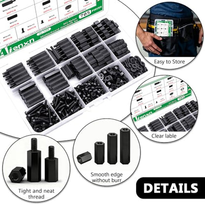 705PCS M3 Nylon Motherboard Standoffs Kit, Male Female Hex Spacer Standoff Screws Nuts Suitable for Circuit Board, PCB Board etc - color: Black, size: 705PCS (M3)