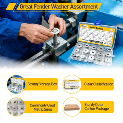 260Pcs Fender Washer Assortment Kit,304 Stainless Steel Assorted Washers,15 Sizes M3 M4 M5 M6 M8 M10 M12 Flat Washers Kit for Screws and Bolts,Hardware Fasteners for Industrial & DIY Use