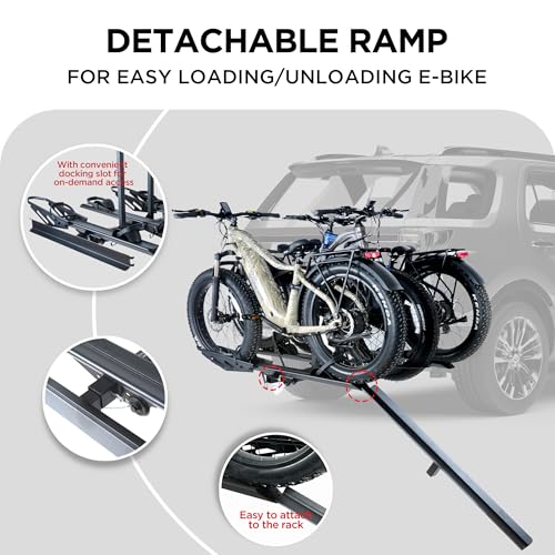 Rockland Foldable 3-Ebike Rack with Ramp, 250 lbs Capacity, Hitch Mount Electric Bike Rack, Fits up to 5" Fat Tire Width and 50" Wheelbase, Ebike Carrier Rack for 2" Receiver for Cars SUVs Vans RVs - size: 3-Ebike Rack+250LBS (with Ramp)