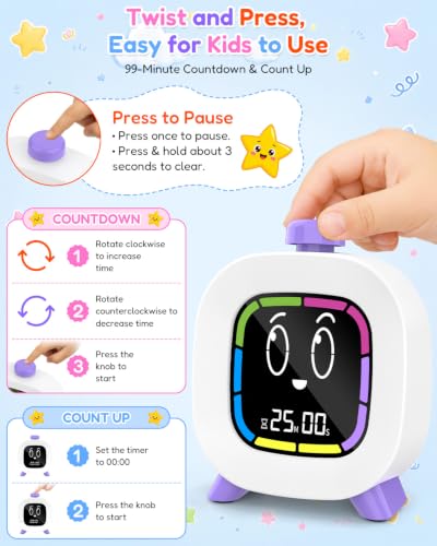 Digital Visual Timer for Kids ADHD, 99-Minute Countdown, Rechargeable - color: Purple