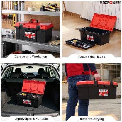 MAXPOWER 19-inch Plastic Tool Box, Handheld, Removable Tray, Lockable - color: Red, size: 19"