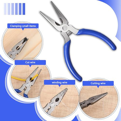 12-Piece Needle Nose Set with Wire Cutters, 5-Inch Mini Long Nose Pliers in Blue/Yellow/Red, Spring Loaded Precision Pliers for Crafts, Jewelry Making, Electronics Repair & Tiny Projects