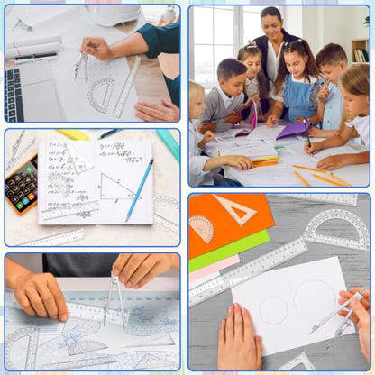 Coopay 7 Pcs Geometry Set, Clear Acrylic Ruler, Protractor and Compasses - size: 7 Pcs set