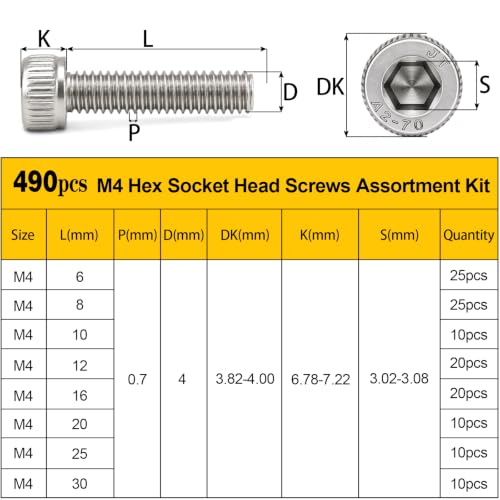 490PCS M4 Socket Screws Assortment Kit, M4x6/8/10/12/16/20/25/30 mm - size: SS M4 490pcs