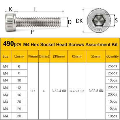 490PCS M4 Socket Screws Assortment Kit, M4x6/8/10/12/16/20/25/30 mm - size: SS M4 490pcs