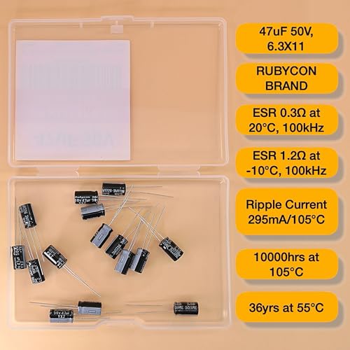 47uF 50V 6.3x11mm Rubycon Electrolytic Capacitor Low ESR 0.3Ω Long Life 36yrs at 55 Degree C mfd mircofarad Micro Farad Radial Lead Aluminum Capacitors (Pack of 15) - style: 47uF 50V 6.3x11mm Rubycon