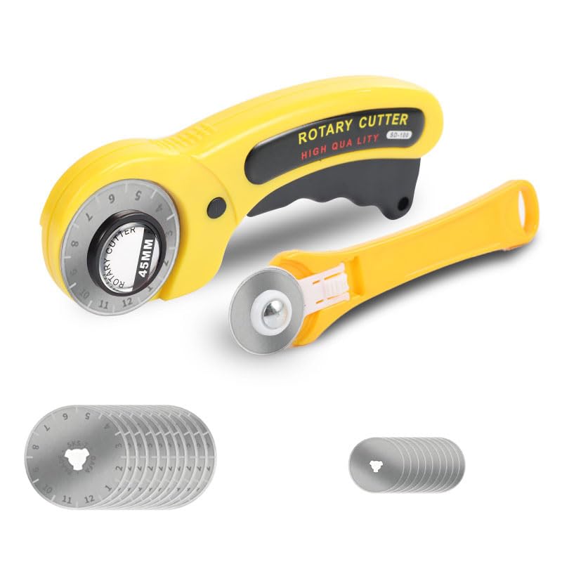 Rotary Cutter for Fabric, 45mm and 28mm Cutters Kit with Extra 10 Blades - color: Yellow