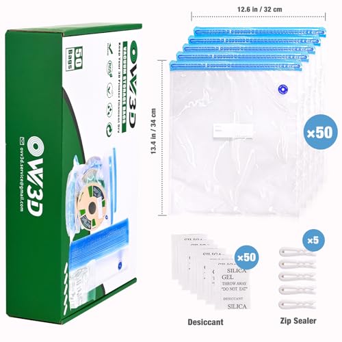 OVV3D Filament Storage Bags Kit 105pcs, 50 Bags without Pump, PLUS SIZE 32x34cm 3D Printer Filament Storage Vacuum Sealed Kit with Desiccants for 3D Filament Storage or Using After Filament Dryer Box