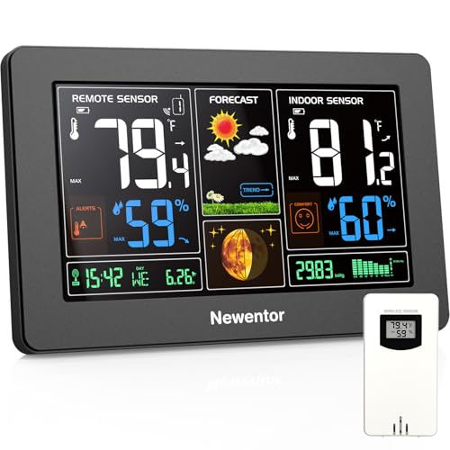 Newentor Weather Station Wireless Indoor Outdoor Thermometer, Black,1Sensor - color: Black, size: with 1 sensor