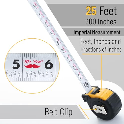Mr. Pen- Retractable Tape Measure 25 ft, 2 Pack, Yellow, Easy Read - color: Yellow, size: 2 pcs