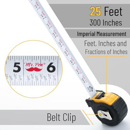 Mr. Pen- Retractable Tape Measure 25 ft, 2 Pack, Yellow, Easy Read - color: Yellow, size: 2 pcs