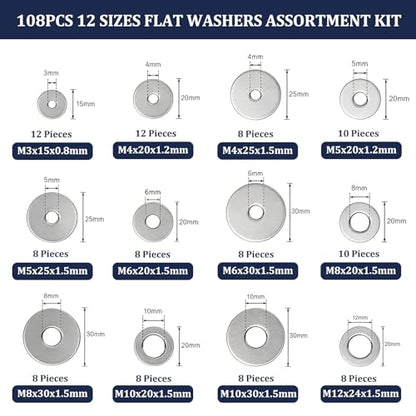 ZQZ 108Pcs Stainless Steel Flat Washers Assortment Kit;Fender Washer M3-M12 - size: 12 Sizes 108 Pieces