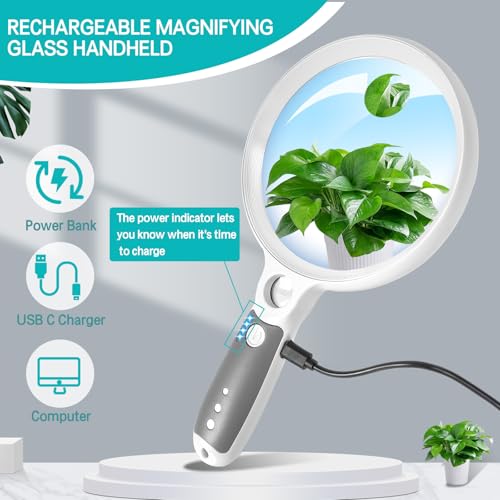 Large Magnifying Glass with 37 LED Light and Case, 10X 20X 45X Handheld - color: White & Grey, size: Magnifier with Light (With Case)