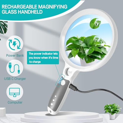 Large Magnifying Glass with 37 LED Light and Case, 10X 20X 45X Handheld - color: White & Grey, size: Magnifier with Light (With Case)