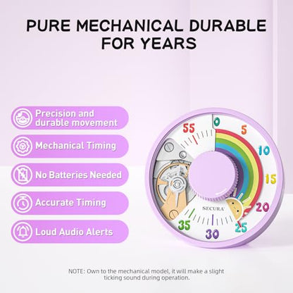 Secura 60-Minute Rainbow Visual Timer 6-Inch Mechanical Countdown Timers for Teaching, Meeting, Cooking, Working - Timer for Kids with Magnetic Backing (Purple) - color: Rainbow & Sun Purple