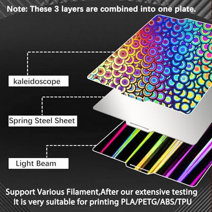 JUUPINE 257x257mm Bambu Lab Build Plate for Bambu Lab X2D/A1/P1P/P1S /P2S/X1/X1C/X1E/3D Printer, 3D Printer Flexible Spring Steel Sheet Removable Platform (Smooth Kaleidoscope+Smooth Light Beam) - color: Kaleidoscope+Light Beam