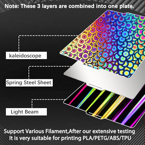 JUUPINE 257x257mm Bambu Lab Build Plate for Bambu Lab X2D/A1/P1P/P1S /P2S/X1/X1C/X1E/3D Printer, 3D Printer Flexible Spring Steel Sheet Removable Platform (Smooth Kaleidoscope+Smooth Light Beam) - color: Kaleidoscope+Light Beam