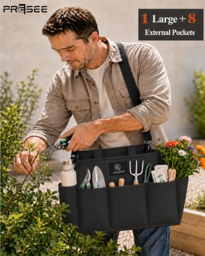 Garden Tool Bag with 9 Pockets & Shoulder Strap, Heavy Duty Gardening Tote Organizer for Tools, Gloves & Supplies, Black
