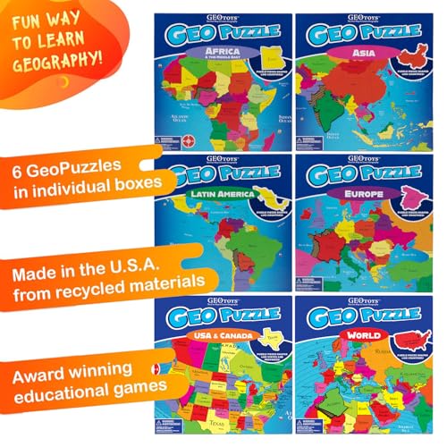 GeoPuzzle 6 Sets Individual Jigsaw Puzzles, Map Puzzle for Kids Ages 6 &Up - color: 6 Sets-individual