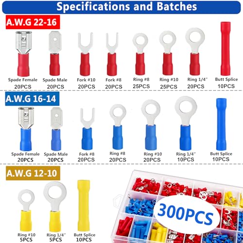 Tnisesm Insulated Wire Electrical Connectors Assortment Kit with Ring, Spade, Butt, Quick Disconnect, Crimp Automotive Cable Terminals - color: 281PCS, size: Crimp style