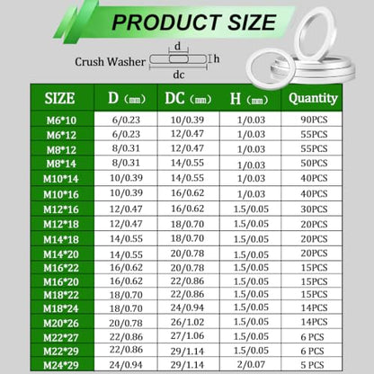 510PCS Oil Drain Plug Crush Washer Kit,18 Sizes Aluminum Oil Drain Plug Gasket Assortment, M6 M8 M10 M12 M14 M16 M18 M20 M22 M24,Crush Washer Oil Drain Plug - size: 510PCS