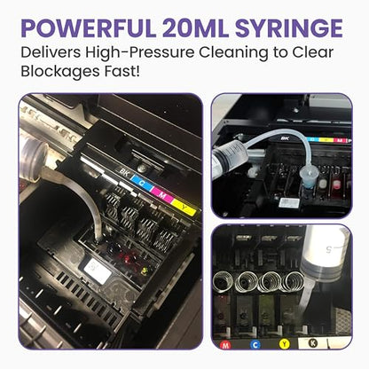 Best Printer Cleaning Kit for Epson, HP | Brother Inkjet Printhead Cleaning Kit | Inkjet Printer Head Cleaner | Printer Head Cleaning Kit with LARGE 20ml Syringe - 100ml Printer Cleaning Fluid