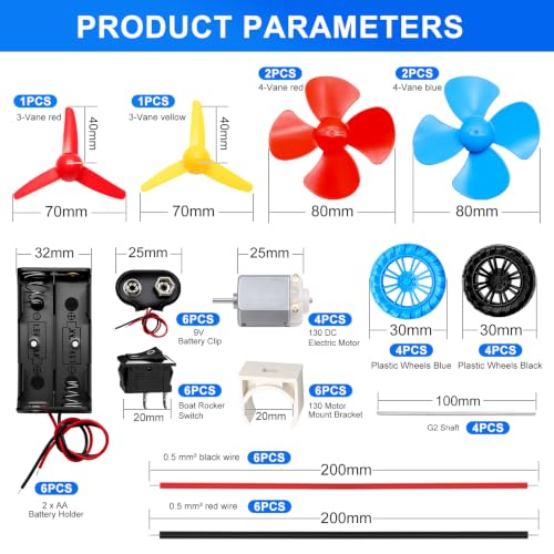 6 Set Electric DC Motor Kit, Electric Small Motor 3-12V 25000 RPM with 9V Battery Clip Connector, Shaft Propeller, 2 x AA Battery Holder, Plastic Wheels for DIY Science Projects