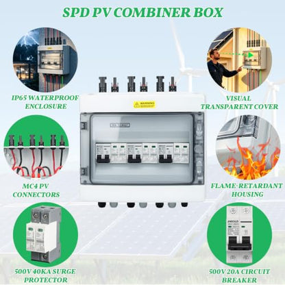 JINDOUZI 3 in 3 Out PV Combiner Box,500V Solar Combiner Box with DC 20A Circuit Breaker and Surge Protector,IP65 Solar Disconnect Switch Box for Indoor Outdoor Solar Panel System - size: 3 In 3 Out 20A 500V