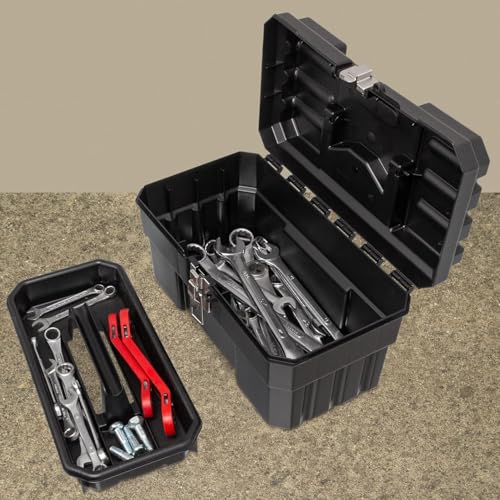 Akro-Mils 14-Inch Plastic Toolbox with Removable Tray, Steel Latch & Padlock Eye, Industrial-Grade Tool Box for Tools, Crafts, First Aid & Hobby Supplies, 14" x 8" x 8", Made in USA, Black (09514) - color: Black