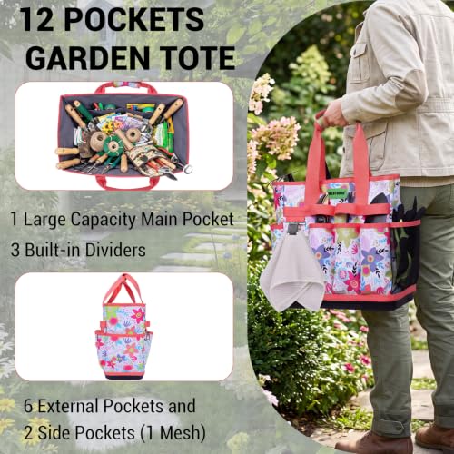 MELOTOUGH 12-Pocket Garden Tool Bag with Hard Bottom, Garden Tote, Flower - color: Flower