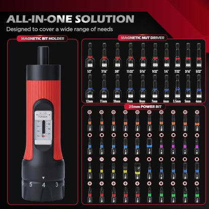 64-Piece Torque Screwdriver Set, 10-70 in-lb, 1/4" Drive Inch Pound Torque Wrench with 40 S2 Bits, 20 CR-V Magnetic SAE and Metric Nut Drivers, T-Bar, Bit Holder, 1/4" Magnetic Extension and Case - color: 64-piece｜40 S2 Bits + 20 Nut Drivers + 3 Accessori
