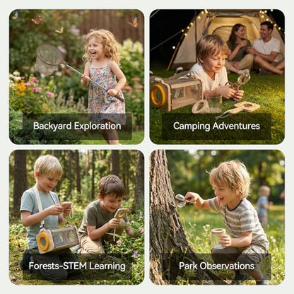 Wooden Bug Catcher Kit for Kids 3-8, 10PCS Durable Outdoor Explorer Kit with Magnifying Glass, Butterfly Net & STEM Guide, Catch & Release Adventure Set for Backyard & Camping