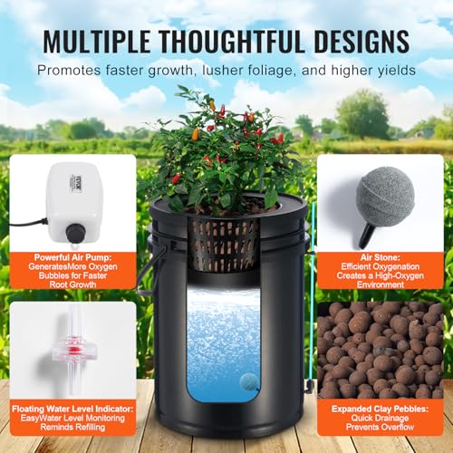 VEVOR DWC Hydroponics Grow System, Hydroponic Growing System with Top Drip Kit, Deep Water Culture 5-Gallon 2 Buckets, with Air Pump, Air Stones and Water Level Device for Leafy Vegetables - style: 2 Buckets+Top Drip Kit