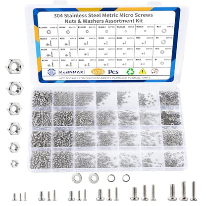 1670Pcs 304 Stainless Steel Metric Micro Screws Nuts Assortment Kit, M1 M1.2 M1.4 M1.6 M2 M2.5 Sizes, Phillips Pan Head Small Machine Screws for Arduino, Electronics, RC Models, DIY Projects