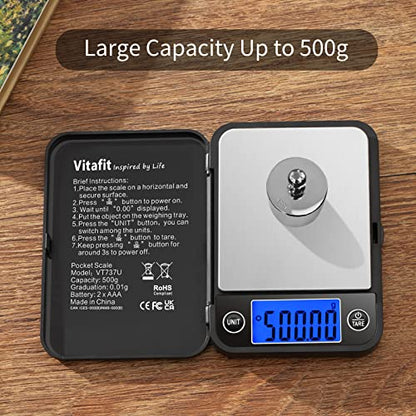 Vitafit 500g Digital Pocket Scale High Accuracy 0.01g, Gram Scale Blue LCD - size: 4.3 x 3.2in