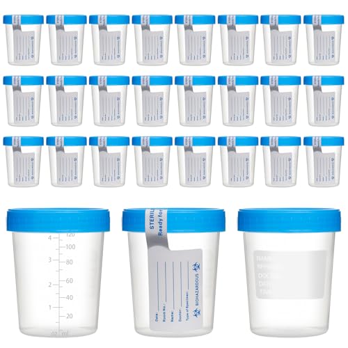 30 Pcs 4 oz Disposable Specimen Cups for Urine Fecal Testing with Leakproof Screw Lids Labels Blue Lids
